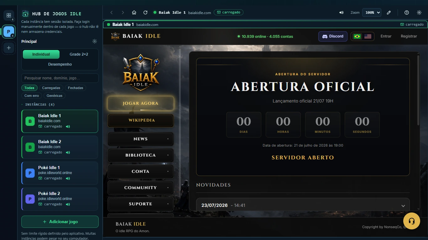 Captura real do Hub no modo Individual com uma sessão de Baiak Idle carregada.