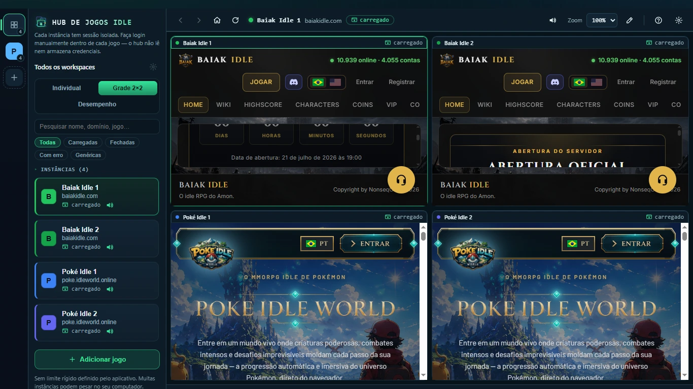 Captura real do aplicativo Hub de Jogos Idle no modo Grade 2 por 2, com quatro sessões de exemplo carregadas lado a lado.
